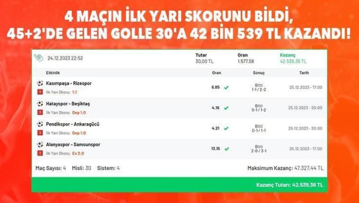 4 maçın ilk yarı skorunu bildi, 45+2’de gelen golle 30’a 42 bin 539 TL kazandı!